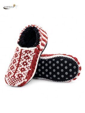 Hand Knit Wool Fleece Lined Bootie Slippers Non-Slip Felt Soles